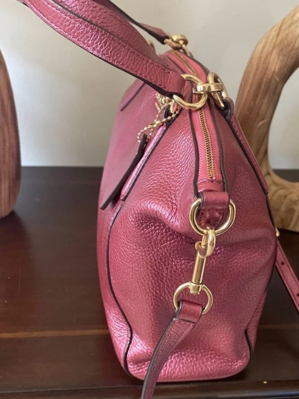Coach Kelsey Metallic Pebbled Leather Shoulder Crossbody Rose Burgundy Gold Bag - Picture 7 of 15